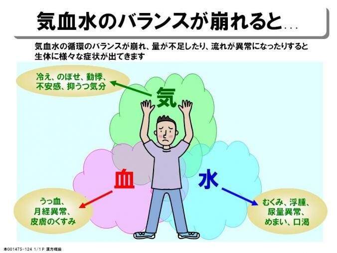 気血水の循環のバランスが崩れ、量が不足したり、流れが異常になったりすると生体に様々な症状が出てきます。冷え、のぼせ、動悸、不安感、抑うつ気分,うっ血、
月経異常、皮膚のくすみ,むくみ、浮腫、尿量異常、めまい、口湯